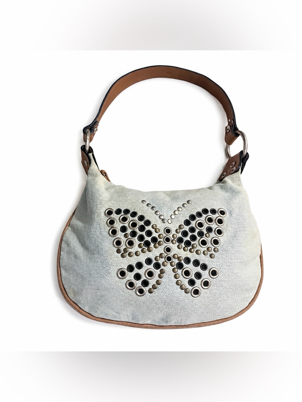 Vintage Y2K Pale Denim Mini Bag With Butterfly Rivet Accent & Faux Leather Strap
